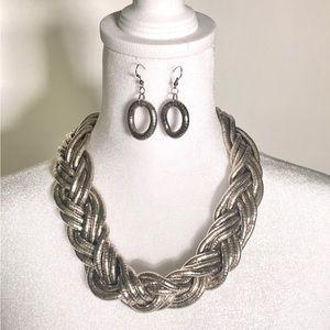 Silver Metal Braided Necklace and Earring Set